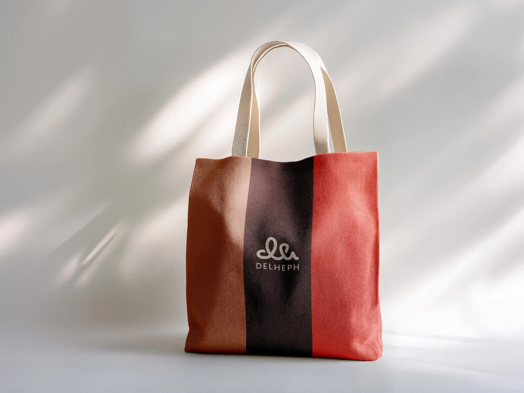 Del Heph tote bag mockup in burgundy, coral and espresso panels
