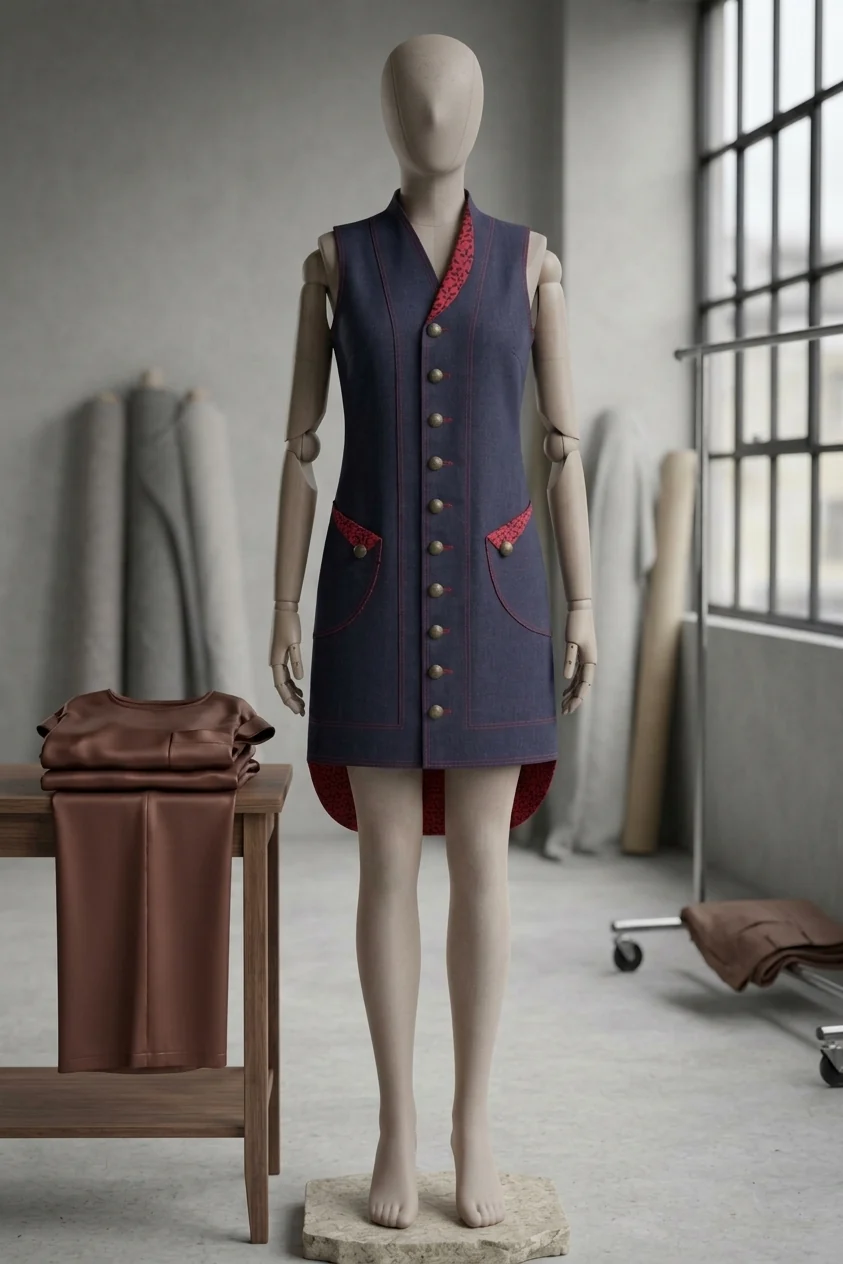A Del Heph denim outfit displayed on a mannequin